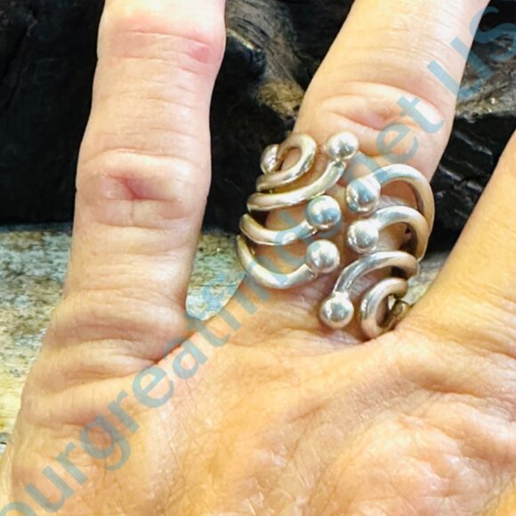 Sterling Silver Wire Art Wide Band Ring Adjustable - Picture 2 of 5